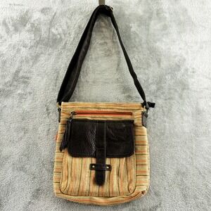Pistil Gotta Run Bag Brown Burlap Stripe Crossbody Purse Adjustable Strap Zipper